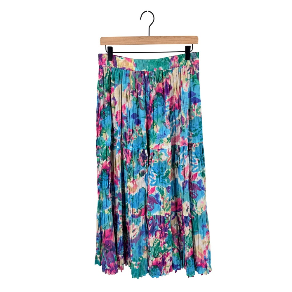 Vintate Phool 100% Cotton Maxi Skirt Floral Size L Boho Crinkle Hippie Festival
